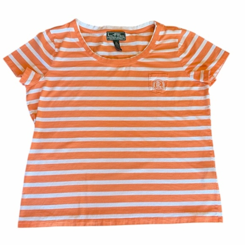 Lauren Ralph Lauren Active Orange White Striped Pocket Tee Embroidered Logo